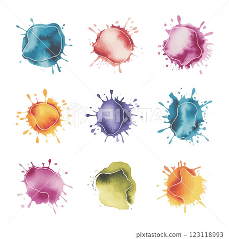 A collection of watercolor stains with a natural ink splatter effect in bright and pastel tones. 123118993
