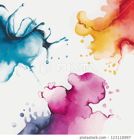A set of watercolor splashes blending blue, pink, yellow, and purple tones in an expressive abstract style. 123118997