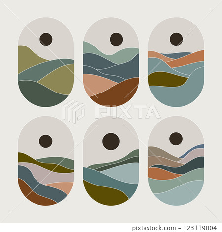 A set of abstract landscapes in a minimalist, modern style with soft color palettes. Perfect for branding, digital backgrounds, and artistic compositions. A set of abstract landscapes in a minimalist, modern style with soft color palettes. Perfect for branding, digital backgrounds, and artistic compositions. 123119004