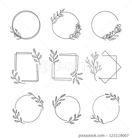 A set of elegant geometric frames circle, square, hexagon decorated with delicate branches and leaves. Perfect for logos, wedding invitations, branding, and decorative designs. A set of elegant geometric frames circle, square, hexagon decorated with delicate branches and leaves. Perfect for logos, wedding invitations, branding, and decorative designs. 123119007