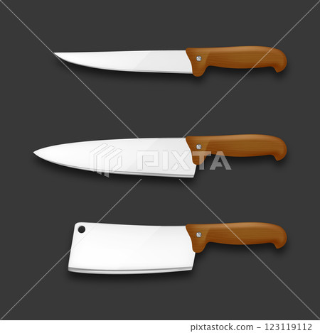 Realistic Vector 3d Kitchen Knives Set. Chef Knife, Cleaver, Utility Knife, Sharp Stainless Steel Blades with Wooden Handle. Cooking Tools, Professional Kitchen Utensils, Vector Illustration Realistic Vector 3d Kitchen Knives Set. Chef Knife, Cleaver, Utility Knife, Sharp Stainless Steel Blades with Wooden Handle. Cooking Tools, Professional Kitchen Utensils, Vector Illustration 123119112