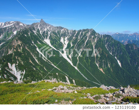 從北阿爾卑斯山西山俯瞰槍山的夏季景色 從北阿爾卑斯山西山俯瞰槍山的夏季景色 123119180