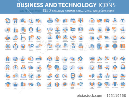 Customer service, branding, influencer, contact icon set. Contact us, follower, marketing, leadership, influence, content, community and customer icons. Support and satisfaction icon set. Vector set 123119368