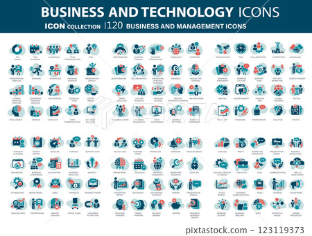 120 Business and management icon set. Icons for leadership, teamwork, job and work, statistics, analytics and advertising. Flat vector illustration. Blue icon for business collection	 123119373