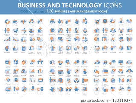 120 Business and management icon set. Icons for leadership, teamwork, job and work, statistics, analytics and advertising. Flat vector illustration. Blue icon for business collection	 123119374