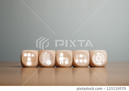 Wooden blocks depicting the 5S methodology icons for improving workplace organization and efficiency. 123119570
