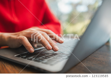 Hands typing on a laptop keyboard, showcasing technology use in a comfortable indoor environment with natural lighting. Hands typing on a laptop keyboard, showcasing technology use in a comfortable indoor environment with natural lighting. 123119585