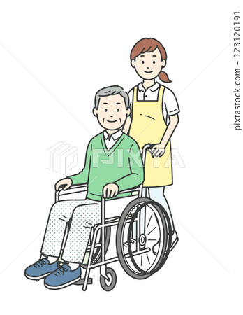 坐在輪椅上的老人和協助他的年輕女子的插圖 123120191