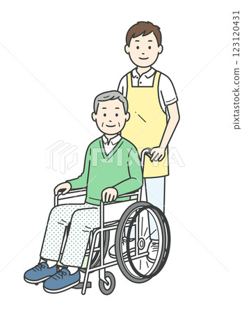 Illustration of an elderly man in a wheelchair and a young man assisting him Illustration of an elderly man in a wheelchair and a young man assisting him 123120431