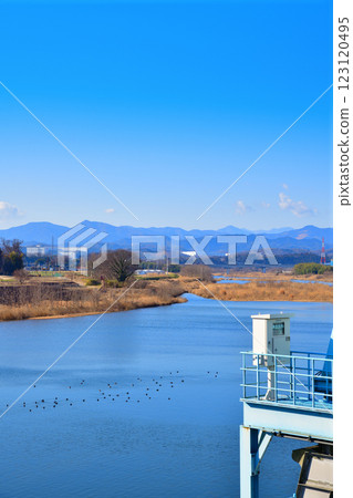 Beautiful scenery of the main stream of the Arakawa River, Chichibu Mountains, Fukaya City, near Rokuseki Headworks 123120495