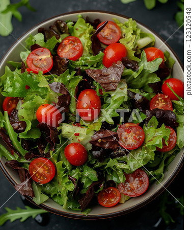 Fresh garden salad with cherry tomatoes in a rustic bowl on a dark surface surrounded by greens. Generative AI Fresh garden salad with cherry tomatoes in a rustic bowl on a dark surface surrounded by greens. Generative AI 123120548