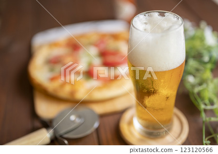 Draft beer and pizza in summer 123120566