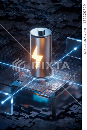 Battery with technological circuit background, 3d 123120799