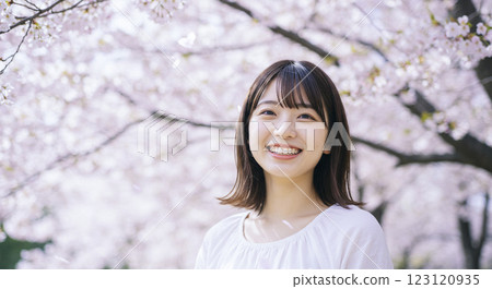 A smiling woman under the cherry blossoms 123120935