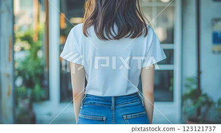 身穿白色 T 恤和牛仔褲的女子背影 123121737