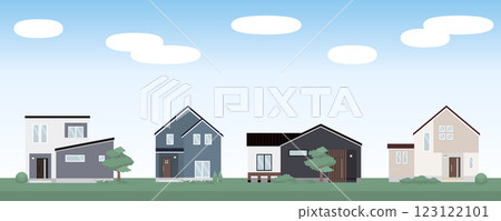 藍天和房屋排列整齊的街道向量插圖_1 123122101