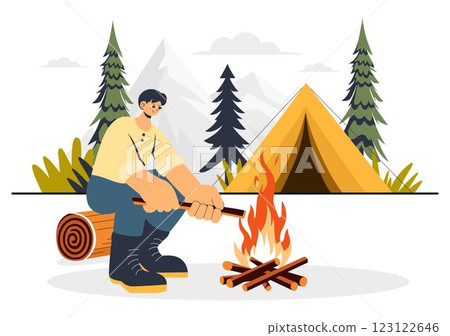 Survival Skills Summer Camping Vector Illustration featuring Tent Camping Services, Outdoor Accommodation, Jungle Exploration, and Relaxation 123122646