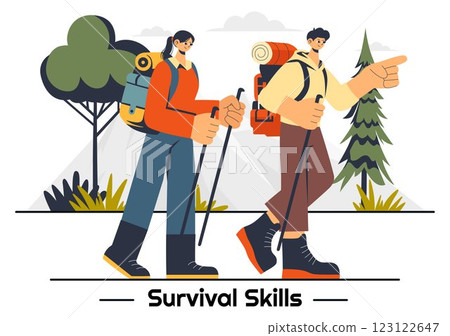 Survival Skills Summer Camping Vector Illustration featuring Tent Camping Services, Outdoor Accommodation, Jungle Exploration, and Relaxation 123122647