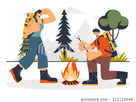 Survival Skills Summer Camping Vector Illustration featuring Tent Camping Services, Outdoor Accommodation, Jungle Exploration, and Relaxation 123122649