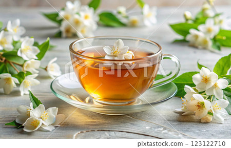 Glass cup with hot jasmine tea on a light background 123122710