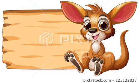 Cute Cartoon Kangaroo with Wooden Sign 123122823