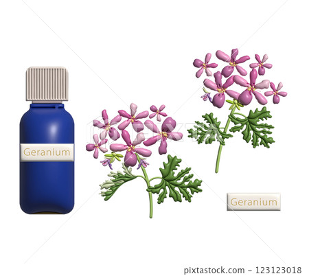 Plump geranium and a bottle of essential oil, aroma 123123018