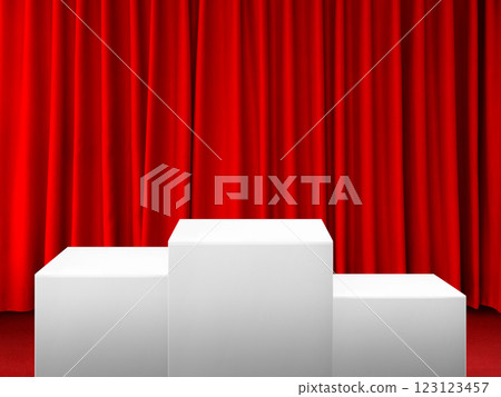 White sports competition podium, red curtain background. White sports competition podium, red curtain background. 123123457