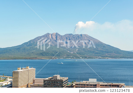 鹿兒島縣鹿兒島市 從鹿兒島市看到的櫻島冒煙 123123478
