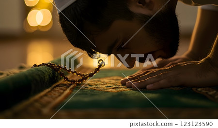 Muslim Man in Sujood (Prostration) with Prayer Beads in Mosque 123123590