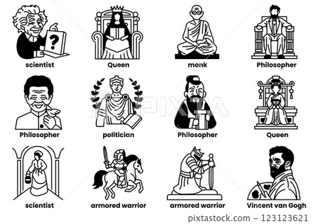 Set of illustrations in the concept of historical figures in line drawing style 123123621