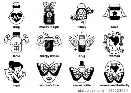 Set of illustrations in the concept of beauty products in line drawing style Set of illustrations in the concept of beauty products in line drawing style 123123624