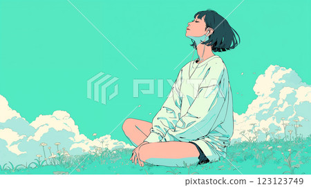 一位女士一邊聽音樂一邊欣賞藍天 一位女士一邊聽音樂一邊欣賞藍天 123123749