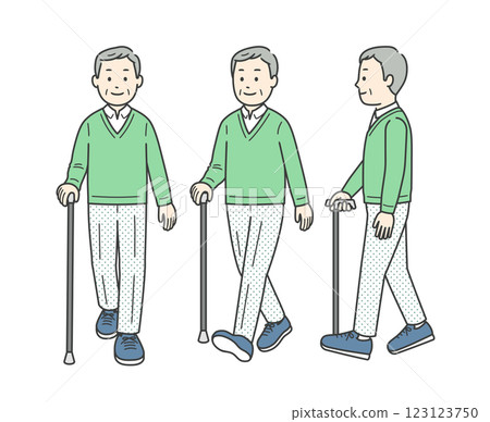 Illustration of an elderly man walking with a cane seen from various angles 123123750