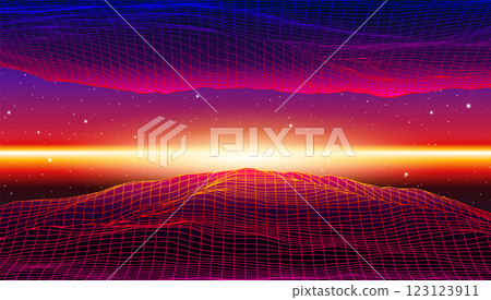 Retro low poly grid landscape with polygonal mountain, palm trees silhouettes and sun, vector illustration. 80s style synthwave landscape with neon grid mountains, palm trees silhouettes and sun. 123123911