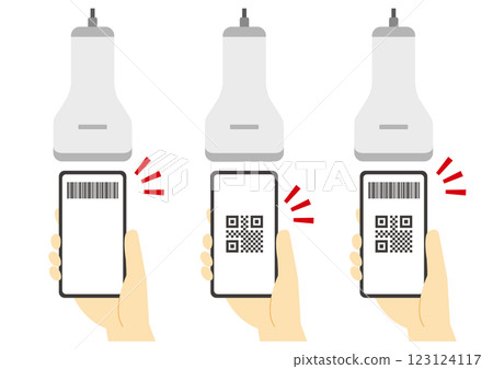 使用智慧型手機和掃描器進行代碼支付的一組插圖 123124117