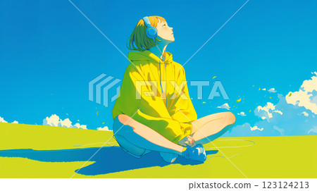 A woman listening to music in the meadow 123124213
