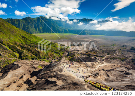 Path to Mount Bromo volcano with crowds of tourists, East Java, Indonesia 123124250