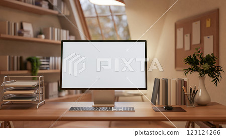 A White screen computer on the wooden table with decorative items, Workspace with glass window. A White screen computer on the wooden table with decorative items, Workspace with glass window. 123124266