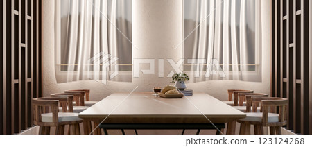 A dining room with square table and chairs beside the window with flowing curtains. 123124268