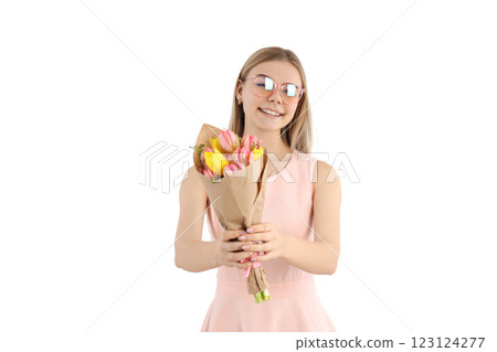 PNG, March 8. Girl holding flowers in her hands, isolated on white background. PNG, March 8. Girl holding flowers in her hands, isolated on white background. 123124277
