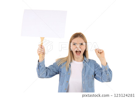 PNG, March 8. Girl with a poster, isolated on a white background. PNG, March 8. Girl with a poster, isolated on a white background. 123124281