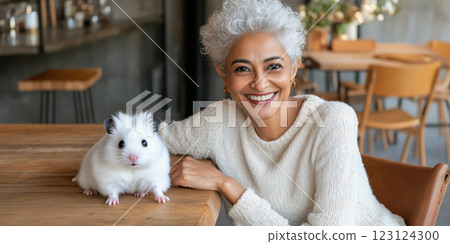 Happy smiling woman with pet hamster in cozy cafe setting 123124300