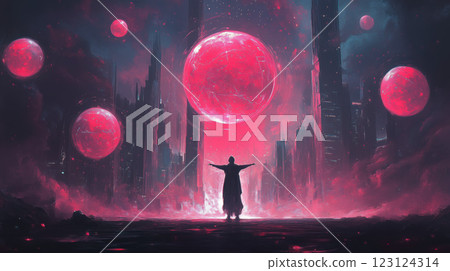 futuristic scene featuring figure dark environment with glowing red orbs and towering structures 123124314