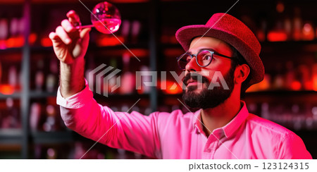 Juggling bartender skillfully tossing cocktail shaker in vibrant bar 123124315