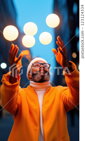 skilled street performer juggles five glowing balls in urban setting 123124334