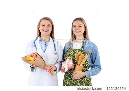 PNG, March 8. Doctor and chef with gifts for the holiday, isolated on a white background. PNG, March 8. Doctor and chef with gifts for the holiday, isolated on a white background. 123124354