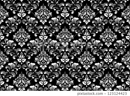 Wallpaper in the style of Baroque. White and black floral ornament. Seamless vector background. Graphic pattern for fabric, wallpaper, packaging. Ornate Damask flower illustration. 123124423