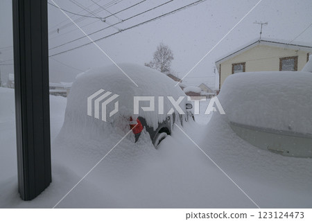 Entrance and car buried in heavy snow Entrance and car buried in heavy snow 123124473