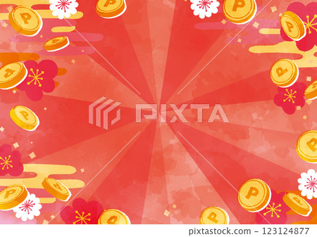水彩硬幣和梅花背景 123124877