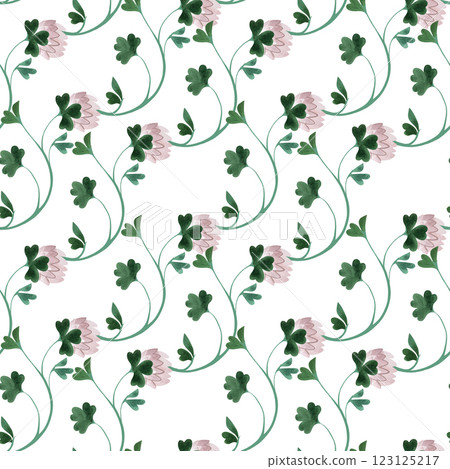 Textile seamless floral pattern with clover flowers and shamrocks in vintage style. Design for kitchen home textiles, tablecloths, curtains, bed linen, dress fabrics, wrapping paper. 123125217